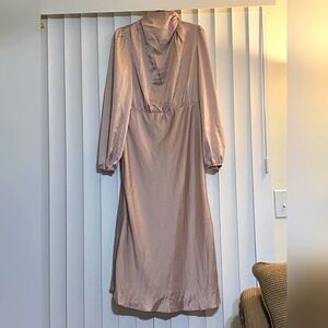 Shein XL Formal High Neck Satin Cream Beige Tan Long Sleeve Bell Cuff Dress